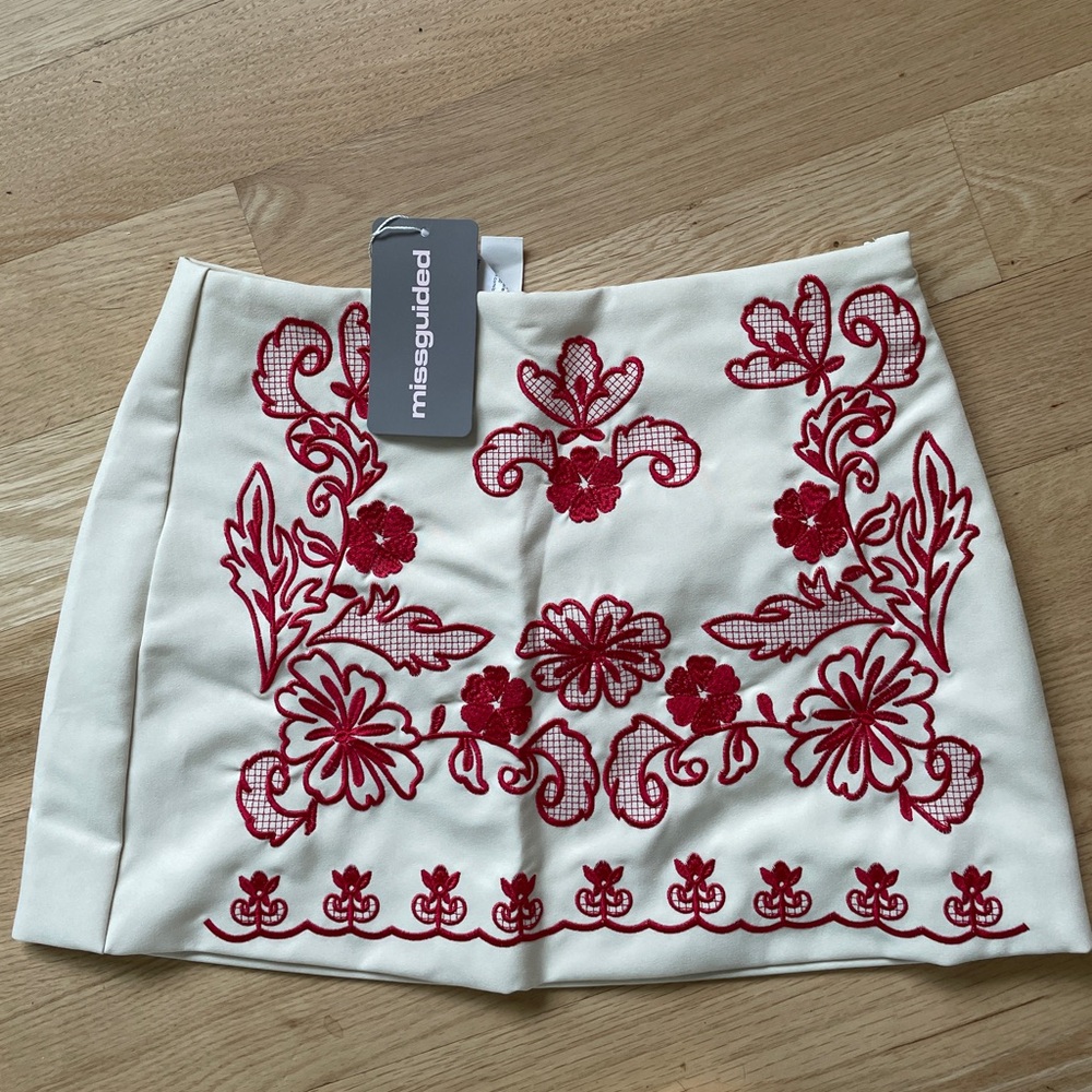 Missguided Cream Mini Skirt with Red Floral Embroidery
